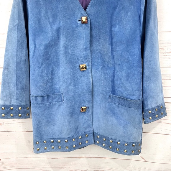 Vintage 90’s Danier Canada Blue Suede Leather Studded Blazer Jacket - Picture 5 of 9